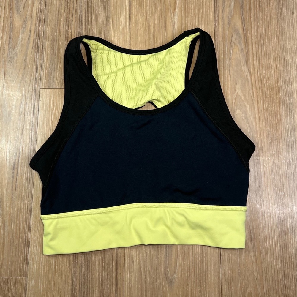 Athleta Womens Sports Bra Racerback Mesh Cutout Black Neon Yellow Size M